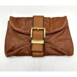 Michael Kors Clutch Bag Womens Heidi Buckle Leather Caramel Small